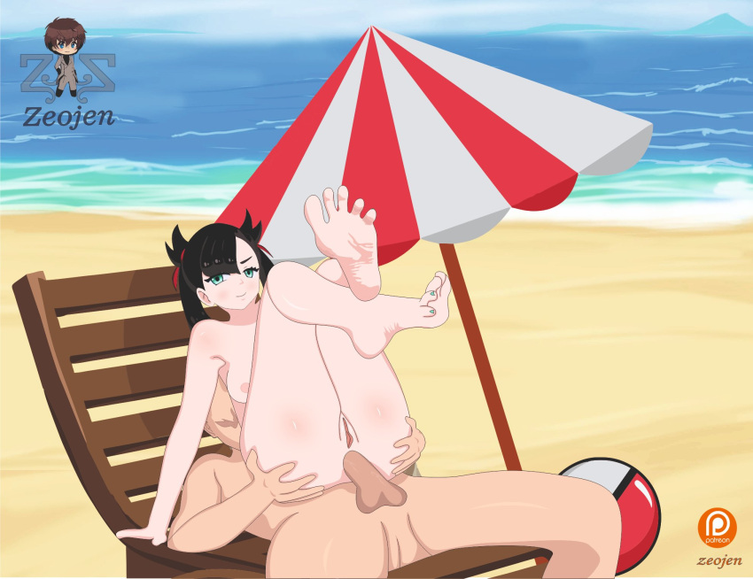 anal anal_sex barefoot beach black_hair blue_eyes feet feet_up female legs_up marnie_(pokemon) nude nude_female penis pokemon pokemon_ss pussy soles summer toes zeojen