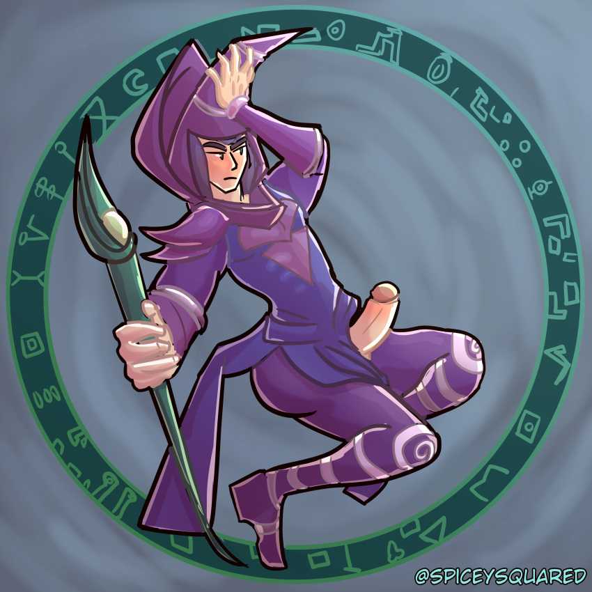 black_magician blush dark_magician male male_only partially_clothed penis purple_eyes purple_hair solo solo_male spiceyart yu-gi-oh!