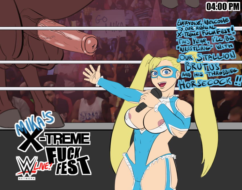 blonde_hair blue_eyes breasts equine equine_penis femboycarti frills horse horse_penis horsecock muscular_female precum precum_drip rainbow_mika ring street_fighter street_fighter_v television twintails unseen_male_face veiny_penis wrestling_ring wwe zoophilia