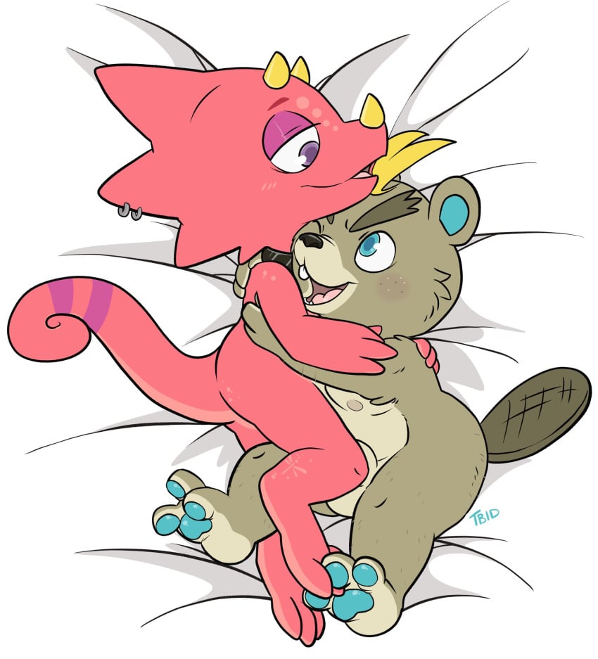 2021 animal_crossing ass balls beaver bed blue_eyes brown_fur c.j._(animal_crossing) collar dragon flick_(animal_crossing) gay hug lizard male male/male naked nintendo nude penis piercing purple_eyes red_skin tail tbid