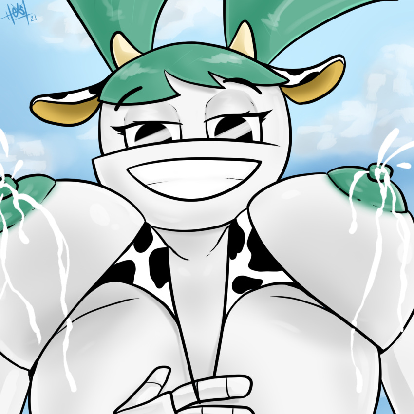 1girls 2021 cow_girl cow_print hex51 jenny_wakeman lactation milk milk_squirt my_life_as_a_teenage_robot nickelodeon robot smooth_skin underboob xj-9