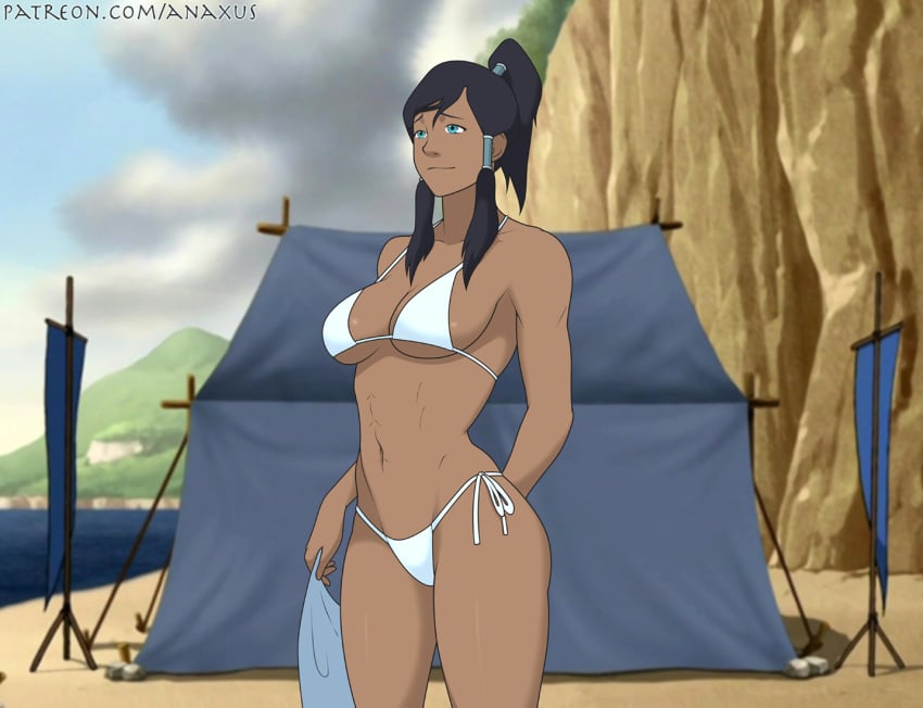 1girls abs anaxus artist_name athletic athletic_female avatar_legends banner bare_shoulders barely_clothed beach big_breasts bikini blue_eyes brown_hair brown_skin busty cleavage content_smile dark-skinned_female dark_skin female female_only female_protagonist hand_behind_back holding_towel hourglass_figure korra large_breasts looking_to_the_side medium_breasts midriff muscular_female navel nickelodeon outdoors pinup sideboob smile solo solo_female standing string_bikini swimsuit tent the_avatar the_legend_of_korra thick_thighs thighs tomboy toned_female towel tri_tails underboob upper_body water_tribe white_bikini wide_hips