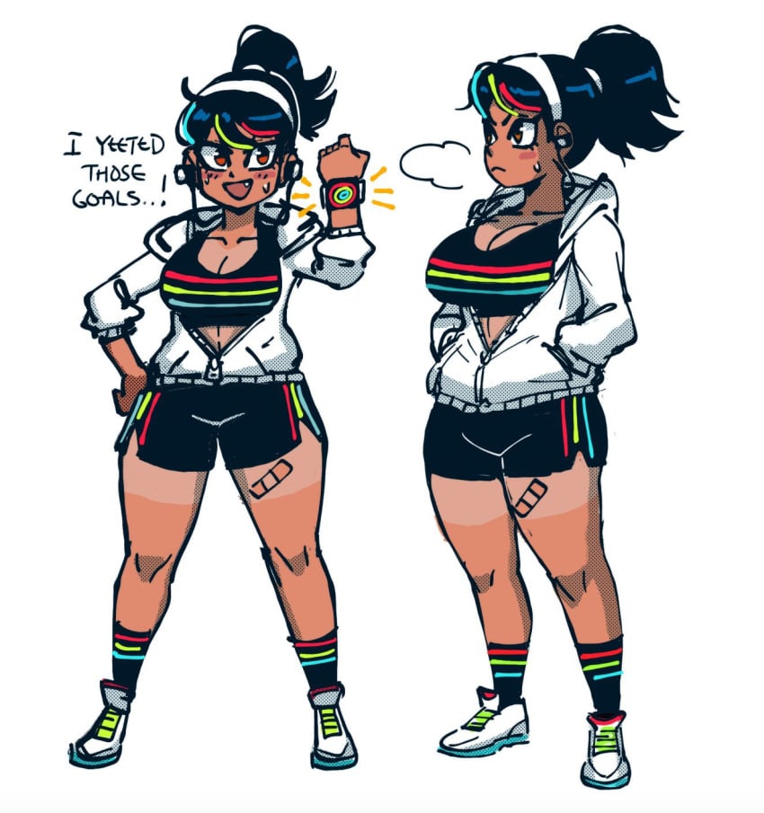 1girls apple_inc. apple_watch bandaid english_text female jieb shorts simple_background solo sports_bra sportswear tan tanline text tomboy yeet-chan