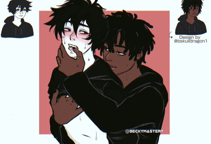 beckymastery_(artist) black_wojak blacked_male dark-skinned_male dark_skin doomer_boy dreadlocks finger_in_mouth gay hoodie interracial rt60 white_skin wojak_comics yaoi