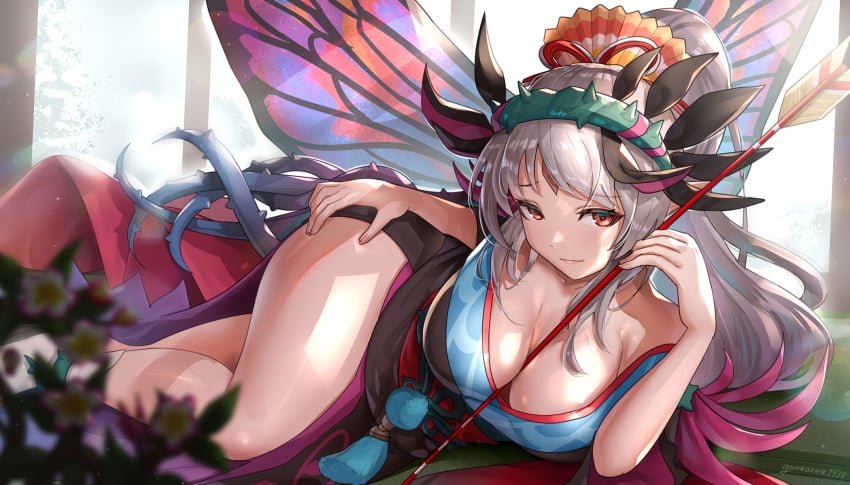 1girls alternate_costume arrow_(projectile) bare_legs bare_thighs between_breasts big_breasts breasts cleavage collarbone facial_mark fairy_wings female fire_emblem fire_emblem_heroes flower forehead_mark gonzarez highres japanese_clothes kimono large_breasts light_rays new_year nintendo object_between_breasts plumeria_(fire_emblem) plumeria_(new_year)_(fire_emblem) ponytail red_eyes revision seductive seductive_smile side_slit silver_hair smile solo solo_female suggestive_pose thorns window wings