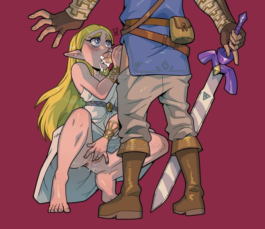 1boy 1girls absurdres anus bangs barefoot blonde_hair blue_eyes blush boots bottomless breath_of_the_wild champion's_tunic clothed_sex cum cum_in_mouth demigoddess drawsloods dress earrings fellatio female fingering footwear gloves hair_ornament highres humanoid hylian hylian_trousers jewelry link link_(breath_of_the_wild) long_hair male manual master_sword masturbating_during_fellatio masturbation no_panties oral pale_skin penis pointy_ears princess princess_zelda pussy pussy_juice royalty spread_legs squatting straight the_legend_of_zelda tiptoes toes tunic twitter_username vaginal_penetration watermark weapon zelda's_ceremonial_robes zelda_(breath_of_the_wild)