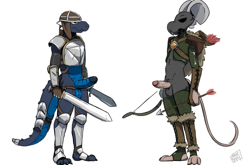 2boys animal_humanoid anthro archer argonian armor bethesda_softworks bow_(weapon) clothed clothing crat_(connivingrat) duo erection fantasy feet footwear genitals headgear helmet hi_res humanoid legwear male male/male male_only mammal meatshaq murid murine partial_nudity partially_clothed penis plate_armor ranged_weapon rat rodent scalie shaq_(meatshaq) socks the_elder_scrolls thigh_highs thigh_socks video_games weapon