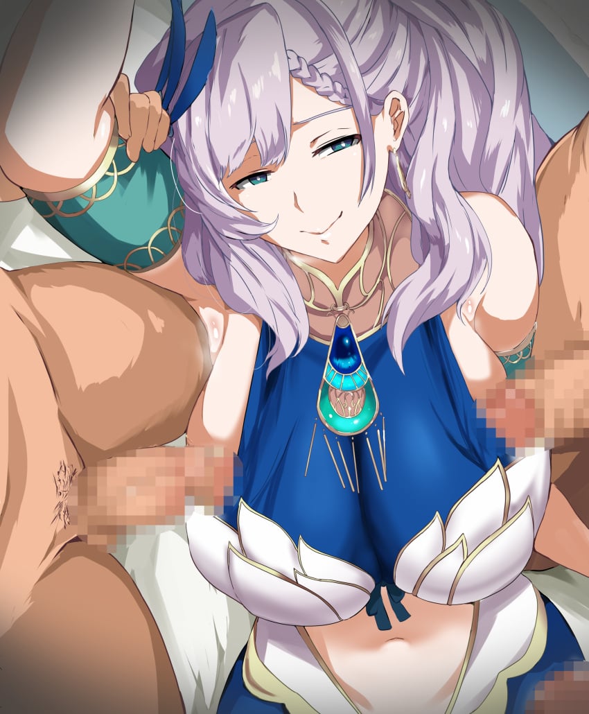 1girls 3boys absurdres arm_up armlet bangs bare_shoulders blue_eyes braid breasts cafekun censored closed_mouth clothed_female_nude_male clothing_cutout commentary_request earrings erection female from_above gangbang group_sex hair_behind_ear highres hololive hololive_indonesia hololive_indonesia_holoro huge_breasts jewelry kneeling long_hair lying male male_pubic_hair mosaic_censoring multiple_boys navel navel_cutout necklace nude on_back out_of_frame pavolia_reine penis pubic_hair purple_hair smile straight virtual_youtuber