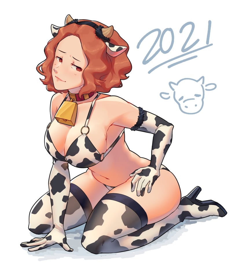 1girls 2021 barley_juice big_breasts bikini boots chubby cleavage cow_girl cow_horns cow_print cowbell female_only fully_clothed gloves haru_okumura heel_boots heels high_heel_boots high_heels highres kneeling lingerie new_year persona persona_5 plain_background short_hair simple_background sitting thick_thighs white_background year_of_the_ox