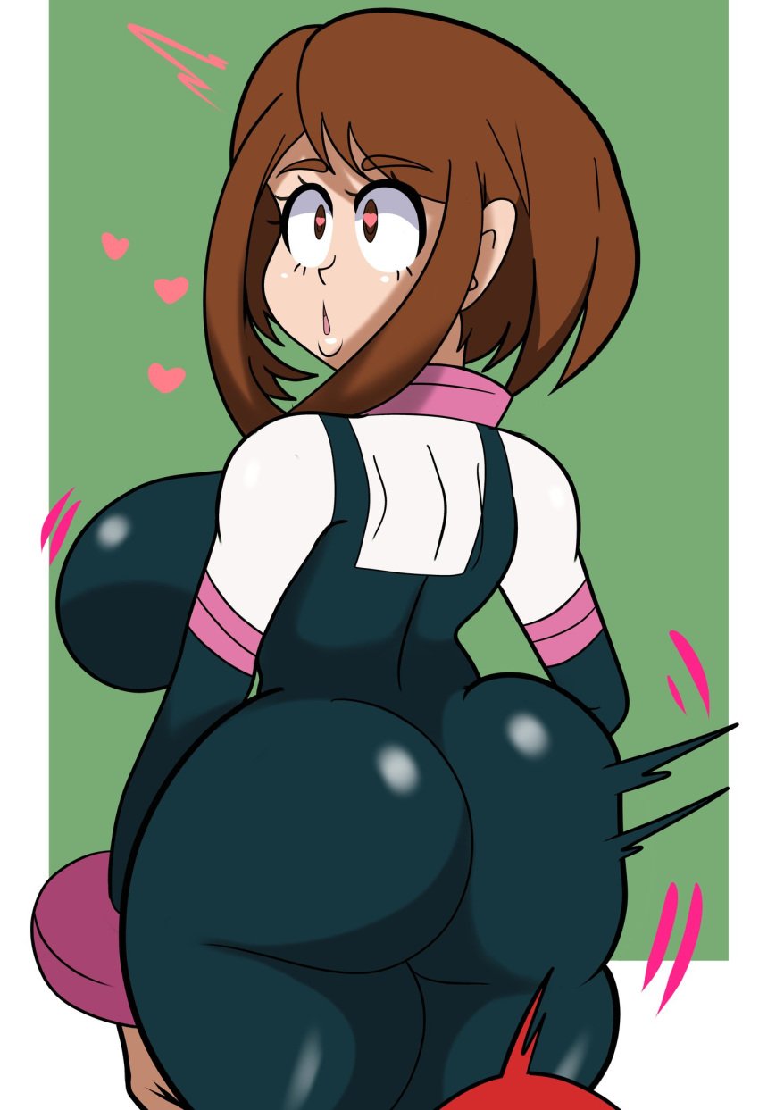 1girls ass big_ass big_breasts bottom_heavy breasts brown_hair fat_ass female gloves heart-shaped_pupils hero_outfit(mha) huge_breasts large_ass large_breasts medium_hair mirio_togata my_hero_academia ochako_uraraka shingattai skin_tight spanked spanking speech_bubble standing text thick_ass thick_thighs thighs voluptuous