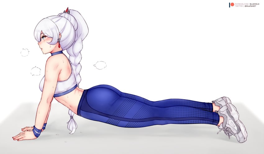 1girls bluefield blush braided_hair braided_ponytail breasts clothed clothing female female_only fully_clothed human pale_skin rwby solo sweat weiss_schnee yoga yoga_pants