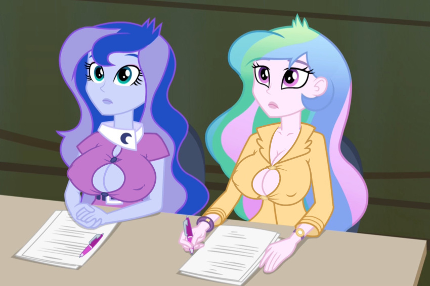 2girls aqua_eyes big_breasts blue_hair blue_skin boob_window bracelet breasts cleavage cleavage_cutout collared_shirt edit equestria_girls erect_nipples eyelashes female female_only females_only friendship_is_magic green_hair hasbro huge_breasts imminent_wardrobe_malfunction large_breasts lips long_hair mlp-gft multicolored_hair my_little_pony nipple_bulge nipples_visible_through_clothing paper pen pink_hair pink_skin pokies popping_buttons princess_celestia_(mlp) princess_luna_(mlp) principal_celestia purple_eyes rainbow_rocks screencap screenshot screenshot_edit sisters smooth_skin two_tone_hair vice_principal_luna watch