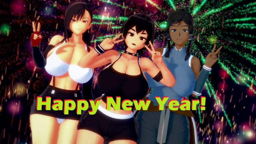 2021 3d 3girls armwear avatar_legends big_breasts black_hair black_lipstick blue_eyes bra brown_eyes brown_hair cleavage clothing curvaceous curvy dark-skinned_female dark_skin english_text female female_only final_fantasy final_fantasy_vii fingerless_gloves fireworks goth gothic half-closed_eyes hands_on_ass happy_new_year hourglass_figure huge_breasts koikatsu korra large_breasts long_hair looking_at_viewer miniskirt naomi_(takeo92) new_year open_mouth panties peace_sign ponytail red_eyes revealing_clothes short_hair shorts skirt smooth_skin spiked_collar suspenders takeo92 tank_top text the_avatar the_legend_of_korra thick_thighs tifa_lockhart tight_clothing upskirt water_tribe wide_hips