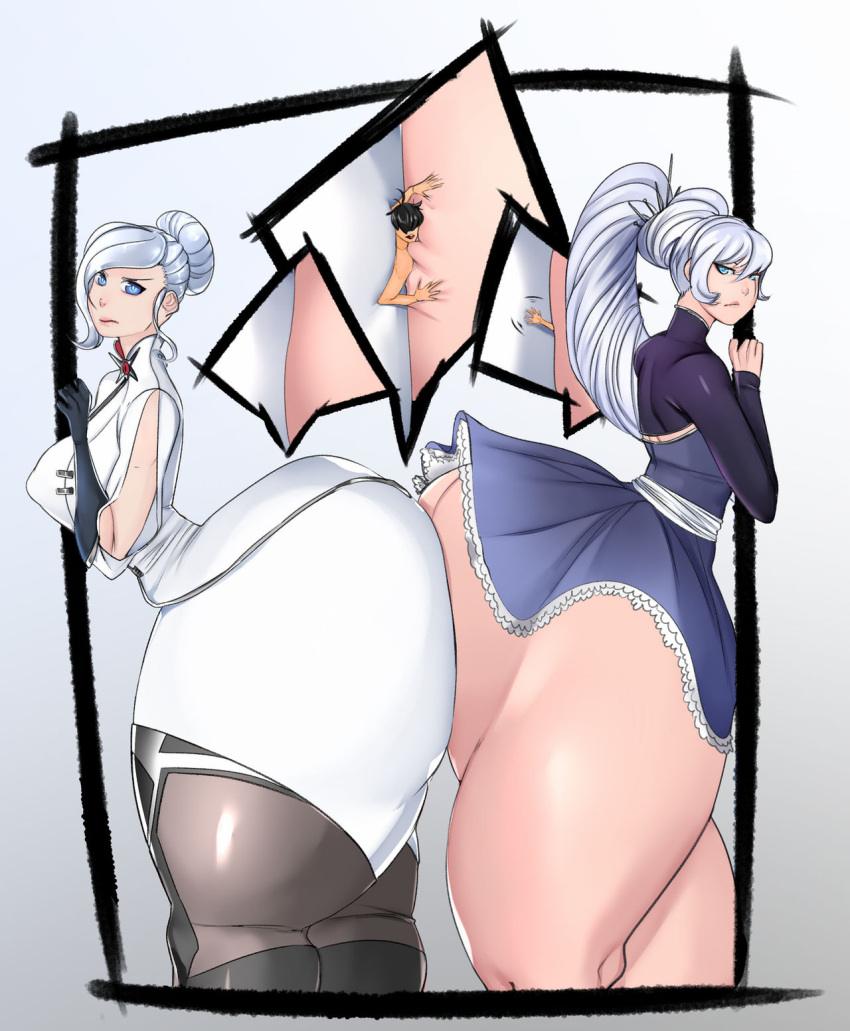 1boy 2girls ass ass_expansion ass_to_ass between_ass bokcutter female giantess huge_ass male rwby sisters weiss_schnee winter_schnee