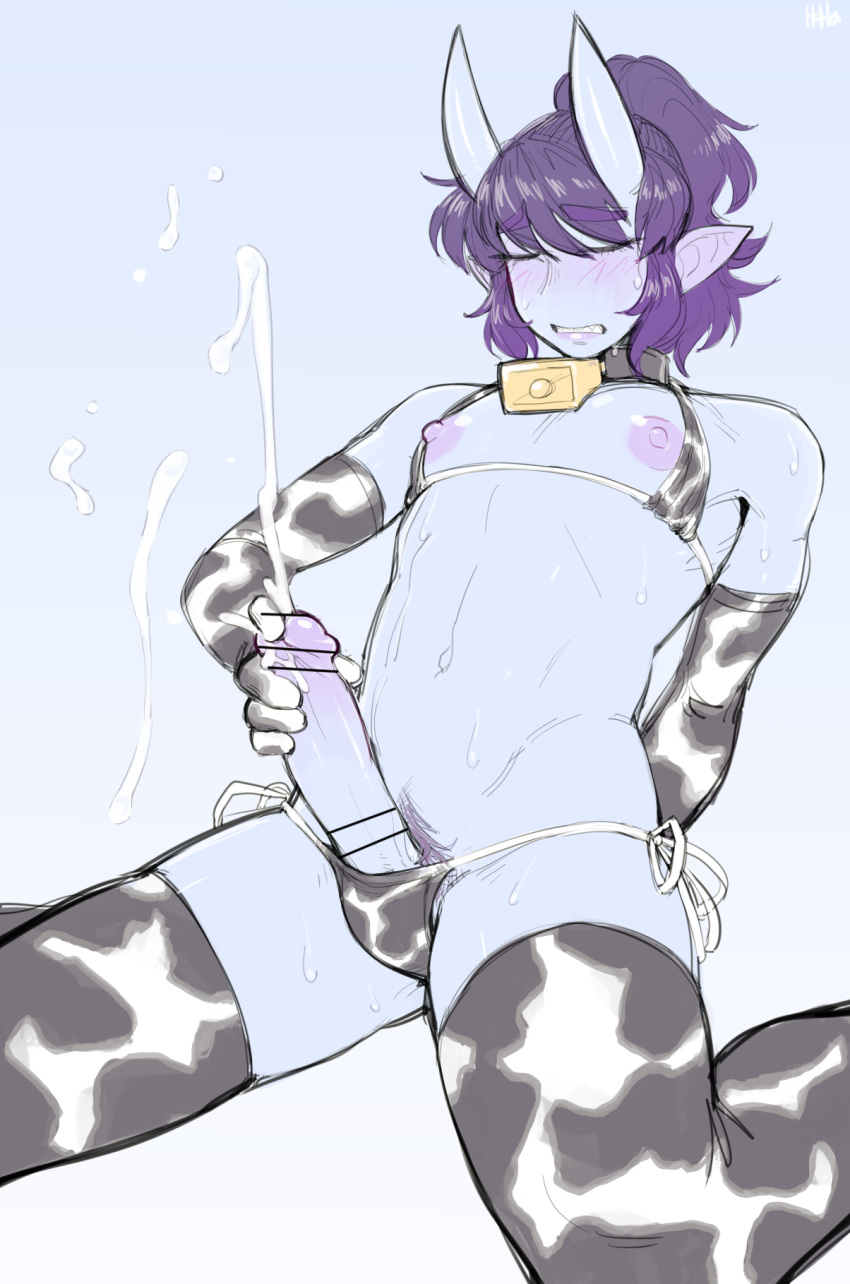 1boy animal_print artist_name bangs bar_censor bare_shoulders bell bell_collar bikini blue_background blue_skin blush censored clenched_teeth closed_eyes collar colored_skin commentary cow_print cowbell cum ejaculation elbow_gloves erection eyebrows_visible_through_hair femboy girly gloves hair_between_eyes highres horns ittla kyou_(ittla) male male_focus male_masturbation male_only male_pubic_hair masturbation nipples oni oni_horns original otoko_no_ko penis penis_in_swimsuit pointy_ears ponytail print_bikini print_gloves print_legwear projectile_cum pubic_hair purple_hair purple_pubic_hair sharp_teeth side-tie_bikini simple_background skin-covered_horns solo stomach string_bikini sweat swimsuit teeth thick_eyebrows thighhighs trap