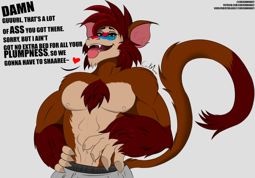 1boy abs aroused ass baboon belly big_hands big_penis brown_fur chest_hair chris_(chrisbmonkey) chrisbmonkey dialogue excited eyeshadow fangs flirting fluffy furry furry_ears furry_only furry_tail fursona hairy hairy_arms hairy_chest hands_on_hips hips horny looking_at_viewer looking_down lustful_energy lustful_gaze male male_only mandrill monkey monkey_tail muscle muscles nipples primate red_fur seductive seductive_eyes seductive_look seductive_smile sexually_suggestive smile smiling teeth tongue tongue_out underwear yellow_eyes