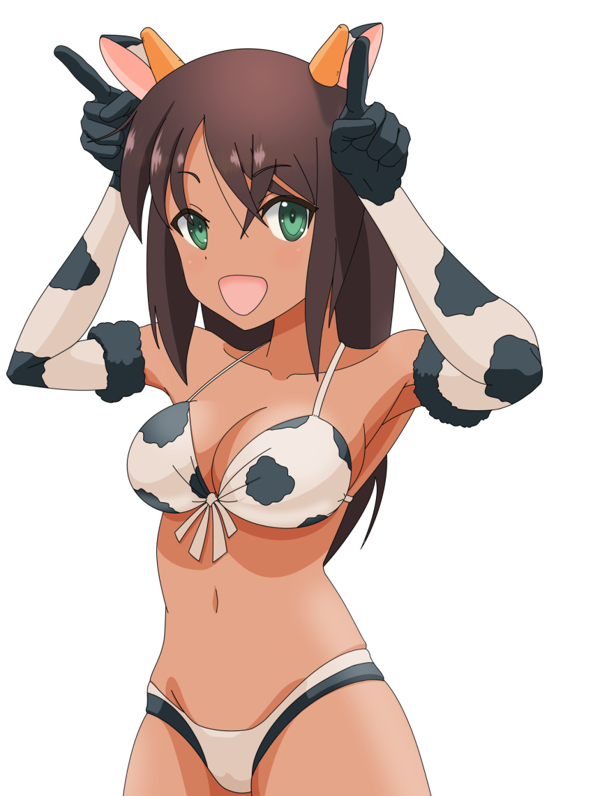 alice_gear_aegis breasts brown_hair cow_bikini cowgirl green_eyes kaneshiya_sitara navel open_mouth tan