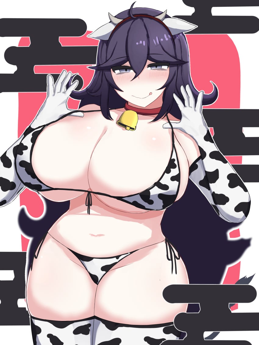 1girls 2021 abeteru big_breasts blush cow_bikini cow_ears cow_girl cow_horns cow_print cowbell eye_contact female half-closed_eyes hex_maniac huge_breasts large_breasts long_hair looking_at_viewer nintendo pokemon pokemon_xy purple_eyes purple_hair smile standing thick_thighs thighhighs thighs thong voluptuous wide_hips year_of_the_ox