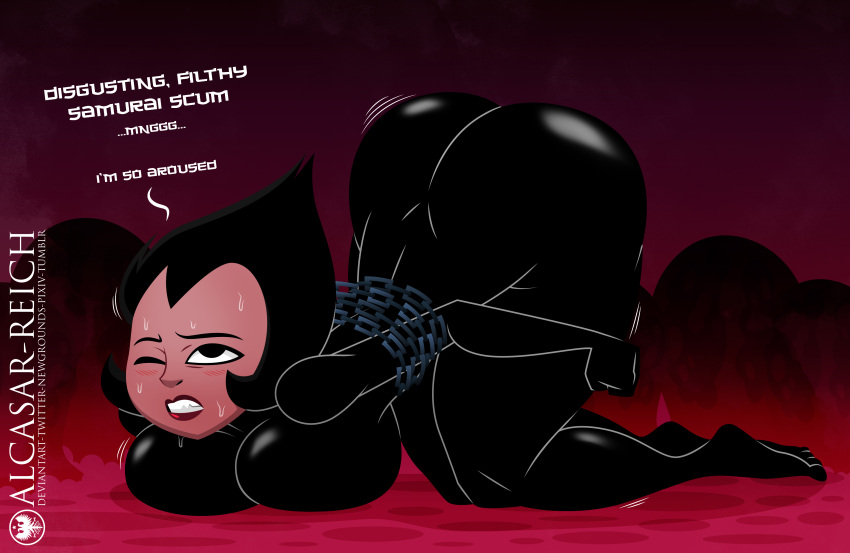 1girls alcasar-reich aroused ashi_(samurai_jack) ass_in_air ass_up big_ass big_breasts black_hair bodysuit chains dialogue english english_text female jpeg plump plump_ass round_ass round_butt samurai_jack short_hair solo text thick thick_ass thick_thighs tied_up voluptuous