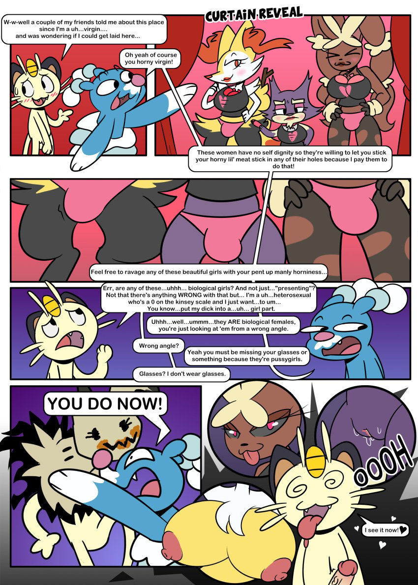 absurd_res anthro balls_in_panties black_body black_eyes black_fur blue_body blush bodily_fluids braixen breasts brionne bulge comic dialogue english_text fake_breasts fangs female frown fur generation_4_pokemon generation_6_pokemon genital_fluids genitals group hi_res humanoid_genitalia humanoid_penis hypnosis lipstick lopunny makeup male mega_evolution mega_lopunny meowth mimikyu mind_control nervous nintendo not_a_furfag penis pokémon_(species) pokemon pokemon_(species) pupils purple_body purple_fur purple_pupils purrloin pussy pussy_juice sabaton_(comment_section) scam tan_body tan_fur text tongue tongue_out tuft video_games virgin white_body yellow_body yellow_fur