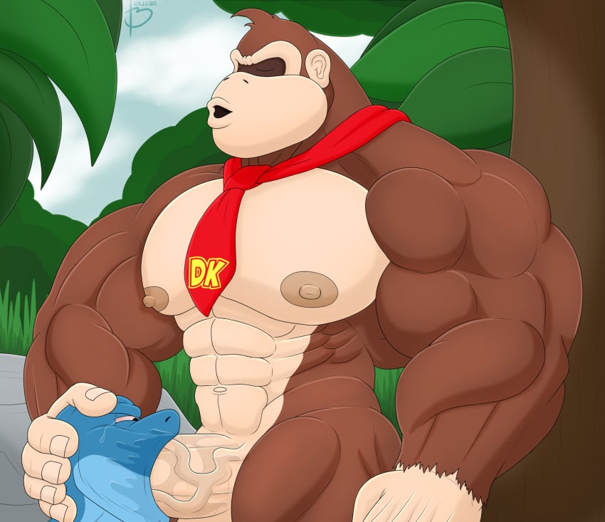 5_fingers abs anthro ape bayron_(artist) bayron_(character) big_penis black_eyes blue_body blue_skin blue_sky bodily_fluids boner brown_body brown_fur brown_skin closed_eyes cloud deepthroat donkey_kong donkey_kong_(series) duo erection fellatio fingers fish forest fur gay genitals gorilla grass half-closed_eyes haplorhine head_grab hi_res holding_head jungle looking_pleasured male male/male male_only mammal marine muscular muscular_male necktie nintendo nipples nude oral pecs penile penis plant primate red_sclera rock saliva sex shark sky tears tree vein veiny_penis video_games