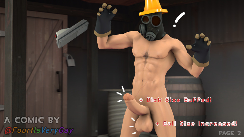 1boy 3d balls big_balls big_penis comic confused english_text fourtisverygay gay growth human human_male human_only male male_only muscular muscular_male nude nude_male nudity penis penis_out pyro pyro_(team_fortress_2) sfm team_fortress_2 text tf2