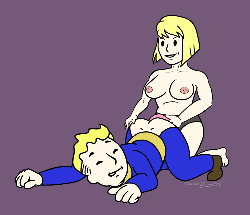 2021 anal bethesda_softworks big_breasts black_eyes blonde_hair bodysuit cleavage clothed clothed_male clothed_male_nude_female clothed_sex fallout fallout_(series) female femdom male malesub mob_face nipples nude nude_female pegging sex_toy strap-on vault_boy vault_girl vault_meat vault_suit