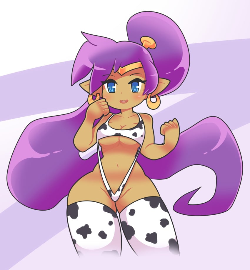 blue_eyes cow_bikini onigiri_punch pinup pinup_pose purple_hair shantae shantae_(character) sling_bikini smooth_skin solo stockings