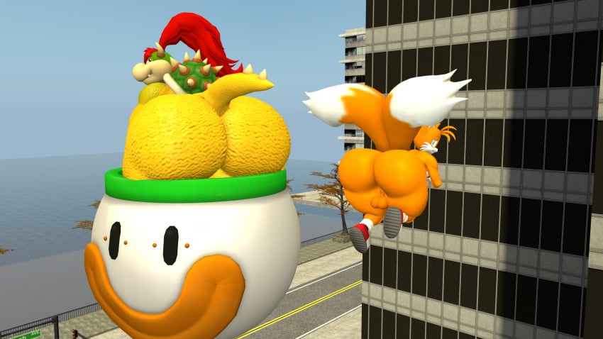 16:9 2_tails 2boys 3d 3d_(artwork) anthro ass balls big_butt blue_eyes bowser_jr. canid canine cheek_tuft city clothing day digital_media_(artwork) dipstick_tail duo facial_tuft flying footwear fox fur furry furry_male furry_only genitals green_body green_scales green_shell hair head_tuft hi_res horns huge_butt kane_brent_koopa kanebrentkoopa koopa koopa_clown_car long_hair looking_at_viewer looking_back looking_back_at_viewer male male_only mammal mario_(series) markings midair miles_tails_prower multi_tail narrowed_eyes nintendo nude nude_anthro nude_male orange_body orange_fur plant red_eyes red_hair reptile road scales scalie sega shell shoes sky slightly_chubby slightly_chubby_anthro slightly_chubby_male smile sonic_(series) sonic_the_hedgehog_(series) source_filmmaker_(artwork) spiked_shell spiked_tail spikes spikes_(anatomy) tail tail_markings tails_the_fox tan_body tan_scales teasing teasing_with_butt thick_thighs tree tuft water white_body white_fur widescreen yellow_body yellow_scales
