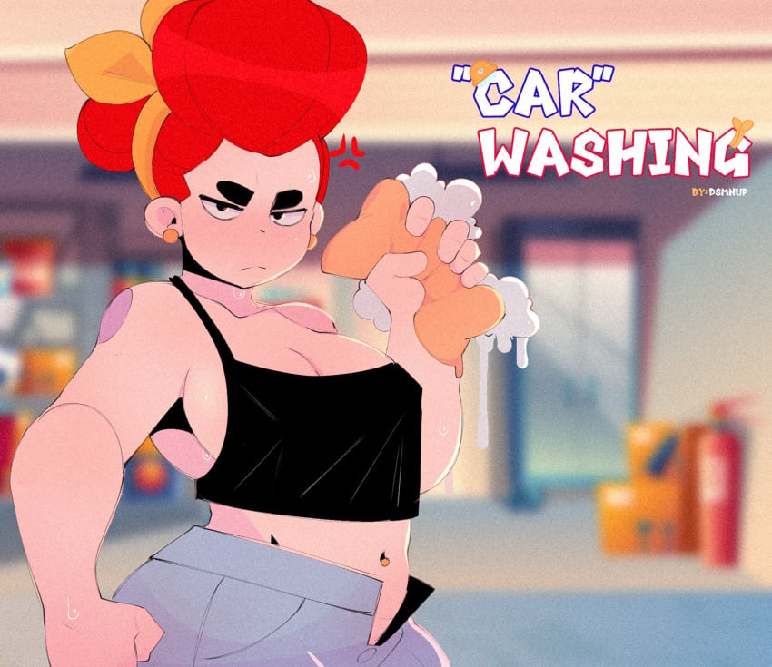 1girls anger_vein angry black_topwear blurry_background brawl_stars car_washing crop_top dsmnup earrings hair_bun jeans navel_piercing no_bra outdoors pam_(brawl_stars) red_hair single_hair_bun solo sponge tank_top white_skin