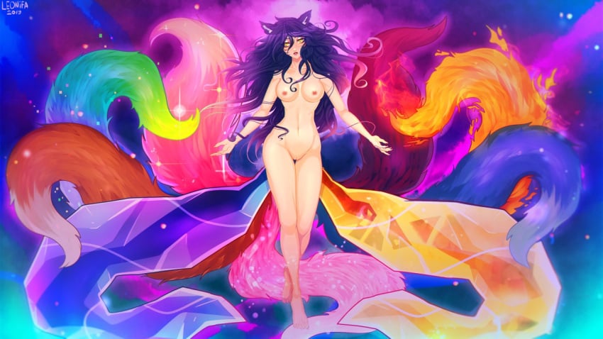 16:9 ahri animal_humanoid big_breasts black_hair breasts canid canid_humanoid canine canine_humanoid digital_media_(artwork) female fox fox_humanoid fur genitals hair humanoid league_of_legends leonifa long_hair looking_at_viewer mammal mammal_humanoid multi_tail nipples nude pussy riot_games solo video_games widescreen