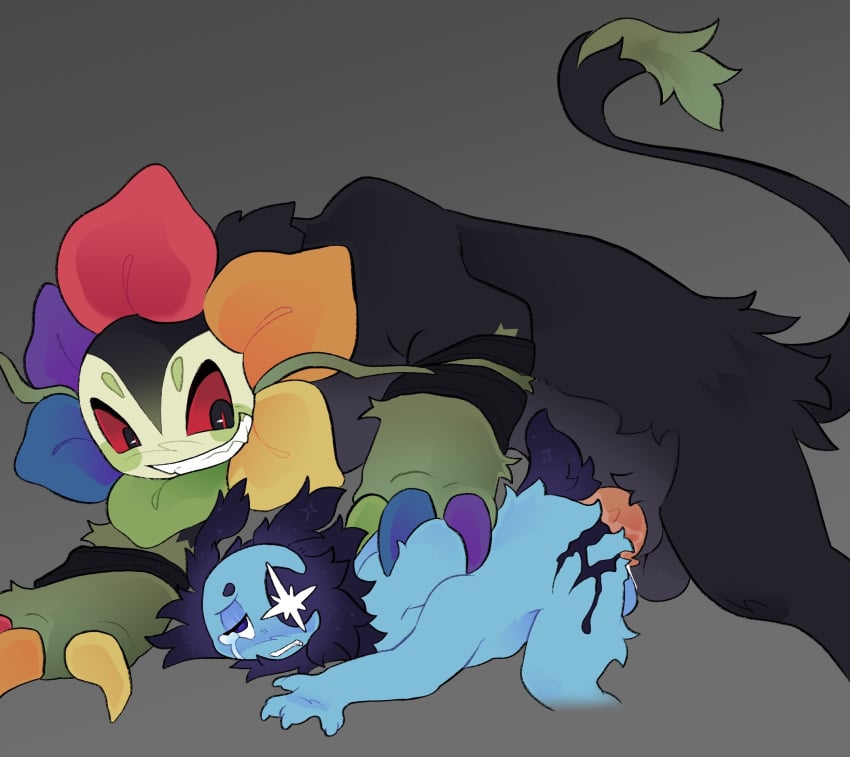 anal anthro astro_(dandy's_world) balls black_body black_fur blood blue_body blue_fur blushcrunch_studio bodily_fluids claws cum cum_drip cum_inside dandy's_world dandy_(dandy's_world) digitigrade doggy_style dripping duo ears_down elemental_creature feral flora_fauna flower flower_creature from_behind_position fur genital_fluids genitals hands_behind_back hi_res knot knotted_penis male male/male monster paws penile_spines penis pinned pivoted_ears plant puppystro questionable_consent roblox scratches sex sharp_teeth tail tears teeth wounded