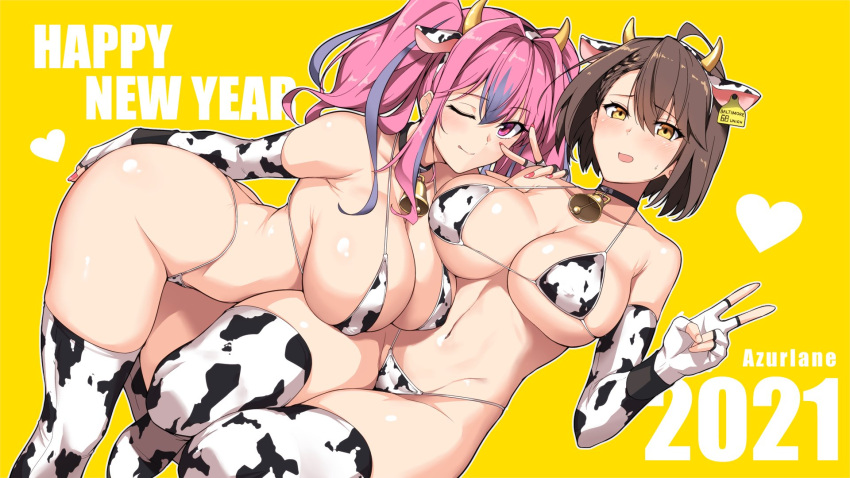 2021 2girls animal_ears azur_lane baltimore_(azur_lane) big_ass big_breasts bikini breasts bremerton_(azur_lane) brown_hair cow_ears cow_girl cow_horns cow_print cowbell eagle_union_(azur_lane) elbow_gloves hair_between_eyes halcon harukon_(halcon) headband headgear light-skinned_female light_skin panties peace_sign pink_eyes pink_hair short_hair stockings twintails wink year_of_the_ox yellow_eyes