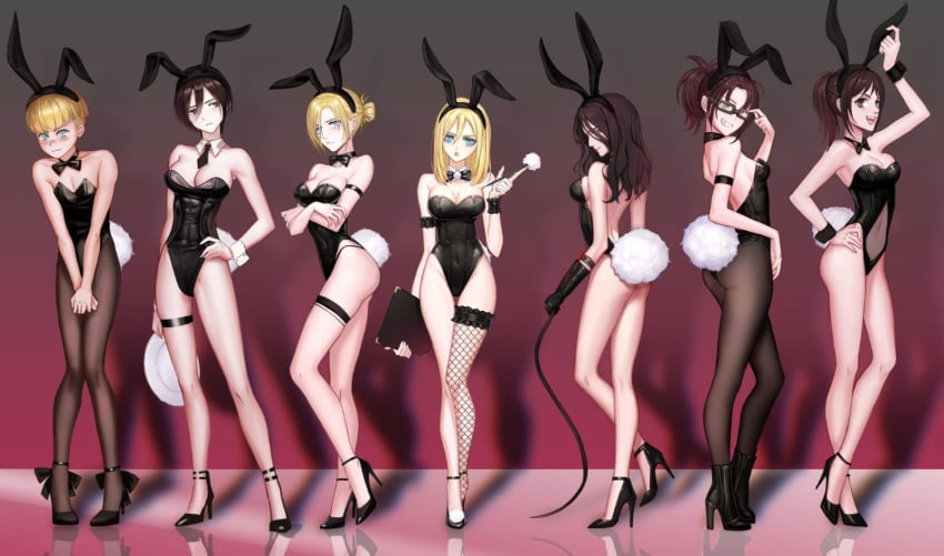 1boy 6girls annie_leonhardt armin_arlert attack_on_titan bare_shoulders blush blushing breasts bunny bunny_boy bunny_ears bunny_girl bunny_tail bunnysuit christa_lenz covering_crotch crossdressing cute_male embarrassed exposed_shoulders fake_animal_ears fake_ears fake_rabbit_ears fake_tail female femboy hanji_zoe high_heels hips historia_reiss hourglass_figure male mikasa_ackerman multiple_girls petite pieck_finger royalty sasha_braus shingeki_no_kyojin thighs trap twink usamin waist yaoko