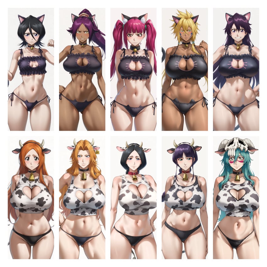 10girls 6+girls ai_generated bambietta_basterbine bleach cat_ears cat_girl cat_tail cow_print cowgirl cowgirl_outfit dokugamine_riruka huge_breasts inoue_orihime kuchiki_rukia kurotsuchi_nemu large_breasts matsumoto_rangiku nelliel_tu_odelschwanck shihouin_yoruichi tia_harribel unohana_retsu