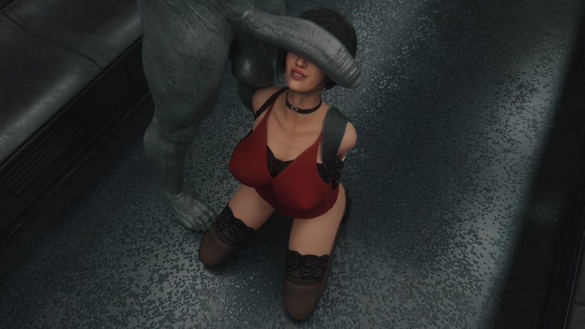 1girls 1monster 3d ada_wong ada_wong_(adriana) big_breasts capcom feizaisfm huge_cock lingerie monster mr_x on_knees penis_on_face resident_evil resident_evil_2 resident_evil_2_remake smile tyrant