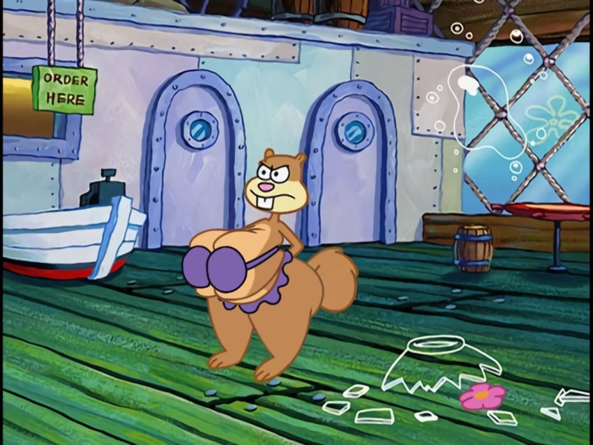 accurate_art_style air_bubble angry anthro bikini_top buckteeth cleavage_overflow fat pink_nose sandy_cheeks screencap screenshot screenshot_edit sideboob skirt small_bikini spongebob_squarepants squirrel straight_hair tail thebrise thick thick_thighs tight_fit underwater