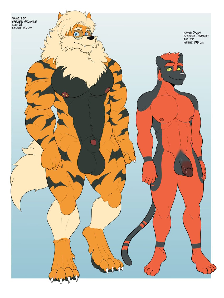 absurd_res anthro anthrofied arcanine balls black_body black_fur canid canine dylan_(zourik) eyewear felid feline front_view fur genitals glasses hi_res humanoid_genitalia humanoid_penis male male_only mammal muscular muscular_male nintendo nipple_piercing nipples nude orange_body orange_fur penis penis_tip piercing pokemon pokemon_(species) red_body red_fur standing torracat video_games zourik