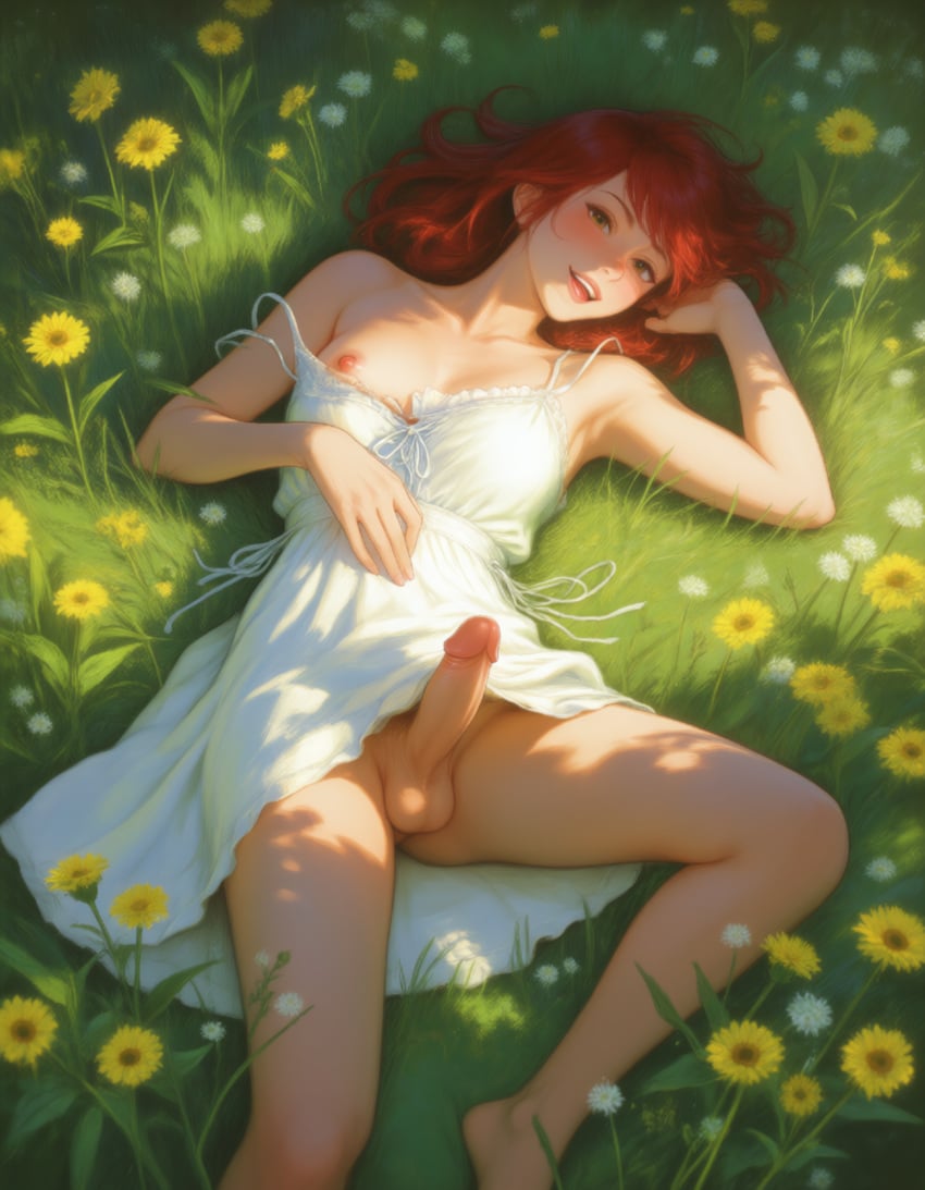 1futa ai_generated big_penis dickgirl dress erection esendor flowers futanari intersex long_hair looking_at_viewer medium_breasts on_back red_hair relaxing