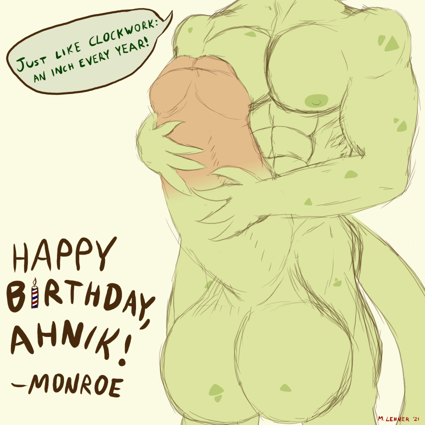 1:1 2021 4_fingers abs absurd_res anthro balls biceps big_balls big_penis birthday birthday_candle candle claws colored colored_sketch deltoids dialogue digital_drawing_(artwork) digital_media_(artwork) english_text erection fingers fire foreskin front_view genital_growth genitals green_body green_scales green_skin growth half-length_portrait hi_res huge_balls huge_cock humanoid_genitalia humanoid_penis hyper hyper_balls hyper_genitalia hyper_penis lizard male monroethelizard muscular muscular_anthro muscular_male nipples nude pecs penis penis_growth pink_body pink_skin pinup portrait pose reptile scales scalie signature simple_background sketch solo solo_male speech_bubble text thick_penis three-quarter_portrait uncut