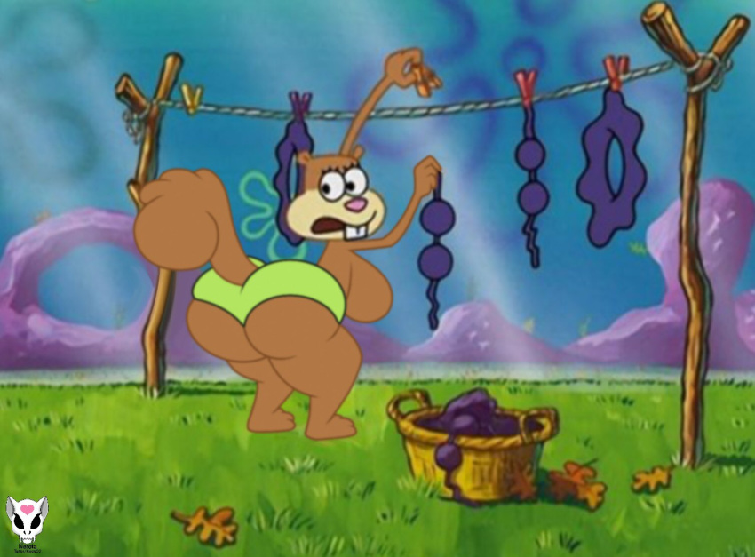 accurate_art_style anthro bikini_bottom bikini_top buckteeth clothes_line large_breasts looking_back nerota pink_nose sandy_cheeks screencap screenshot screenshot_edit sideboob skirt spongebob_squarepants squirrel straight_hair tail thick thick_ass topless