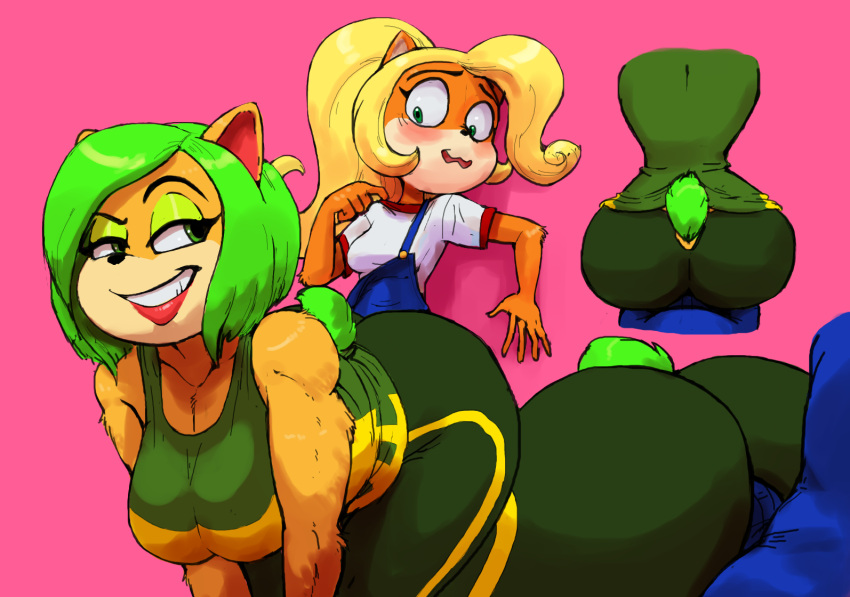 1girls 2021 activision ami_bandicoot anthro aroused ass bandicoot big_butt blonde_hair blush bulge buttjob clothing coco_bandicoot crash_(series) duo eyebrows eyeshadow female flustered fur futa_on_female futanari green_eyes green_eyeshadow green_hair grinding intersex intersex/female lipstick makeup mammal marsupial orange_body orange_fur outta_sync overalls pink_background ponytail raised_eyebrow simple_background video_games