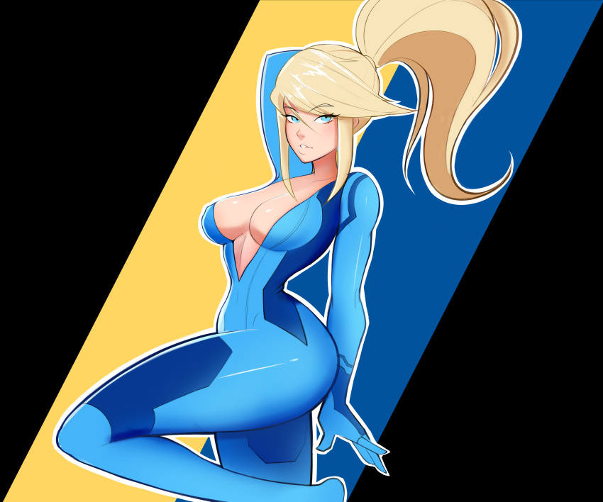 1girls absurd_res blonde_hair blue_eyes bodysuit cleavage female female_only gloves inviting kusanagixoxo metroid nintendo open_clothes ponytail samus_aran solo unzipped unzipped_bodysuit unzipped_zero_suit zero_suit zero_suit_samus