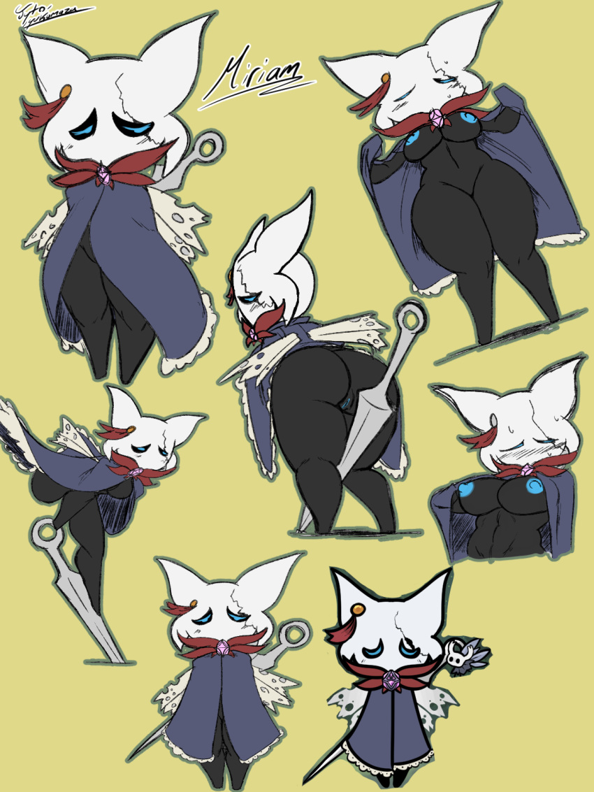 3:4 arthropod ass big_breasts blue_nipples blush breasts cloak clothed clothing fecharis female genitals hi_res hollow_knight insects jyto miriam_(hk_fan_character) nail_(weapon) nipples non-mammal_breasts pussy shortstack solo team_cherry thick_thighs vessel_(species) video_games