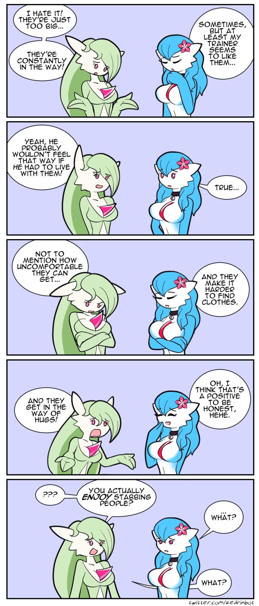 2girls 3_fingers anthrofied bell big_breasts blue_hair breasts comedy dialogue english_text female female_only fingers funny gardevoir green_hair hair humanoid humor laughter mari_(zedrin) nintendo pink_eyes pokémon_(species) pokemon pokemon_(species) saraiah_(heraldinthedark) shiny_gardevoir shiny_pokemon smile text video_games white_body zedrin