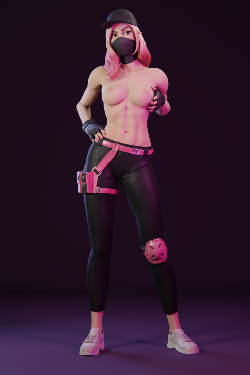 1girls 3d athleisure_assassin blonde_hair fortnite hat mask pink_hair tagme topless two_tone_hair