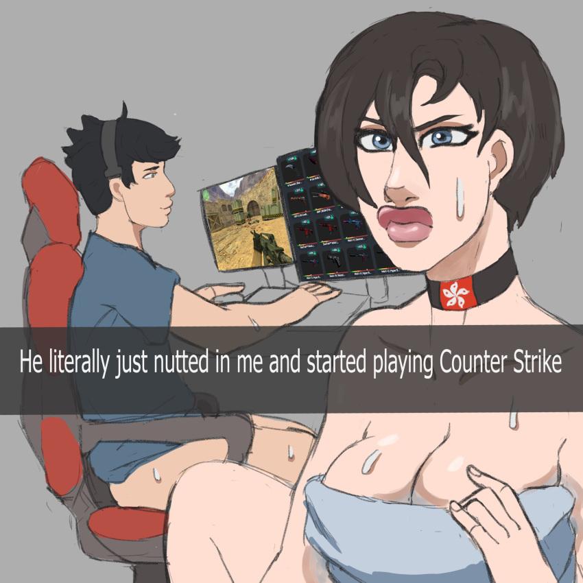 1boy 1girls after_sex bare_shoulders big_breasts big_lips bottomless breasts busty choker cleavage counter-strike counter-strike_(series) echo_(rainbow_six) female female_focus hourglass_figure jumbogumbo large_breasts lipstick male meme pose posing rainbow_six rainbow_six_siege rough_sketch sex snapchat sweat tagme thick_lips tom_clancy towel towel_around_waist ubisoft valve wide_hips ying_(rainbow_six)