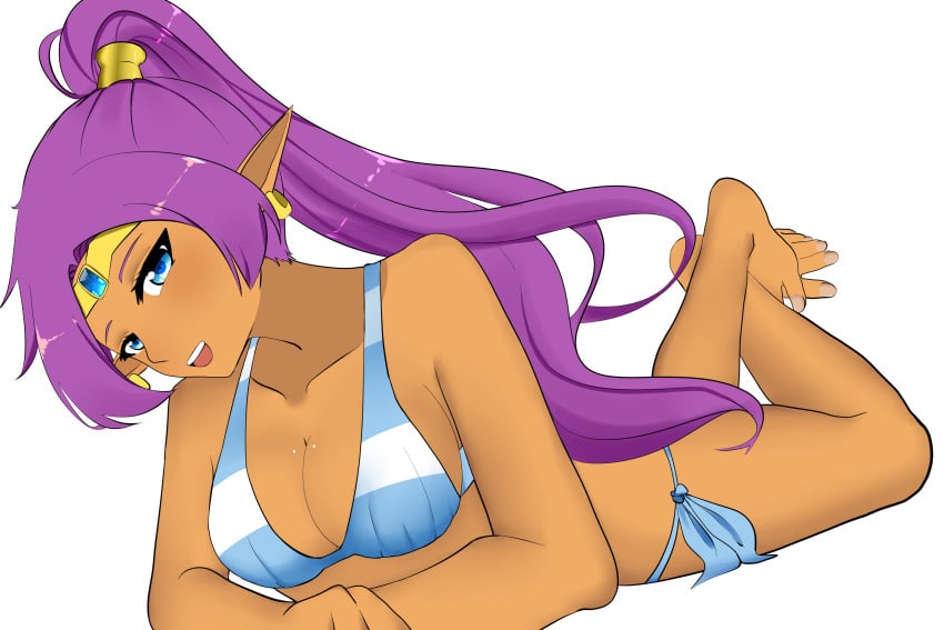 1girls bare_legs bare_shoulders barefoot bikini blue_eyes breasts brown_skin cleavage dark-skinned_female dark_skin earrings feet feet_together feet_up female_only highres jewelry long_hair looking_at_viewer lying nuremy01 on_stomach open_mouth pointy_ears ponytail purple_hair shantae shantae_(character) simple_background smile smooth_skin solo striped_bikini tan_skin the_pose tiara toes very_long_hair white_background