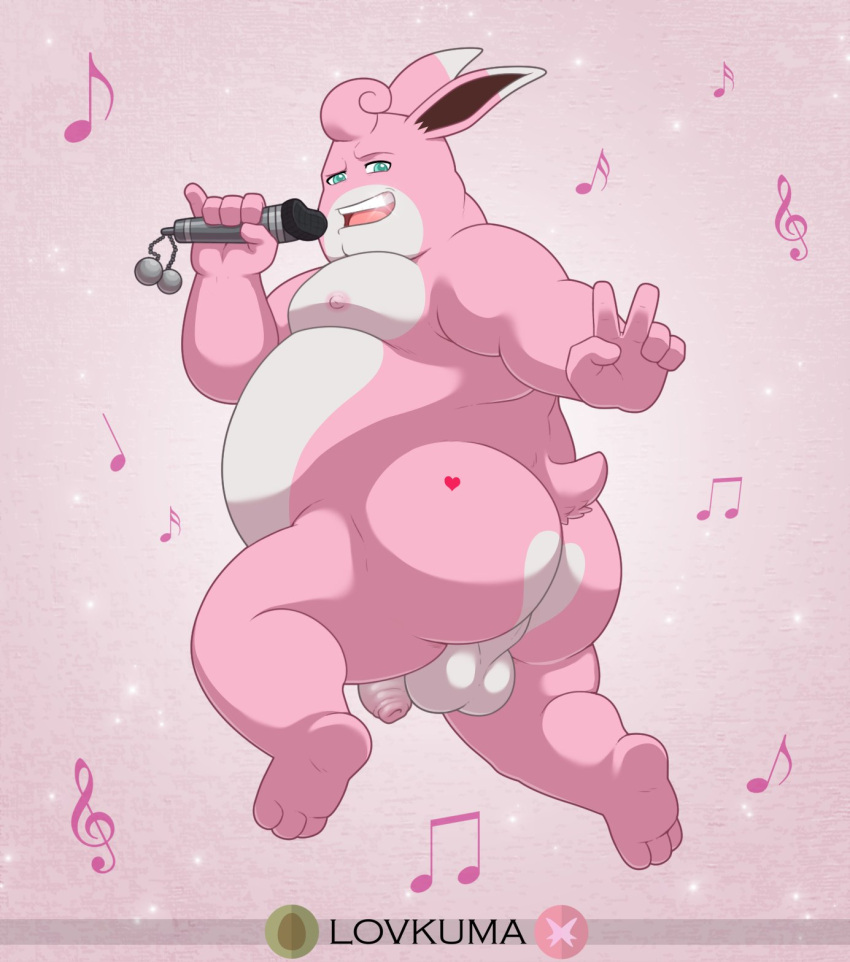 3_toes 5_fingers anthro anthrofied ass backsack balls belly big_butt blue_eyes bubble_butt butt_heart curled_hair feet fingers flaccid foreskin genitals gesture hair heart hi_res holding_object looking_at_viewer looking_back lovkuma male mammal microphone moobs musical_note nintendo nipples nude overweight overweight_anthro overweight_male penis perineum pink_body pokémon_(species) pokémorph pokemon shaded simple_background singing solo sparkles teeth toes uncut v_sign video_games white_balls white_belly white_perineum wigglytuff