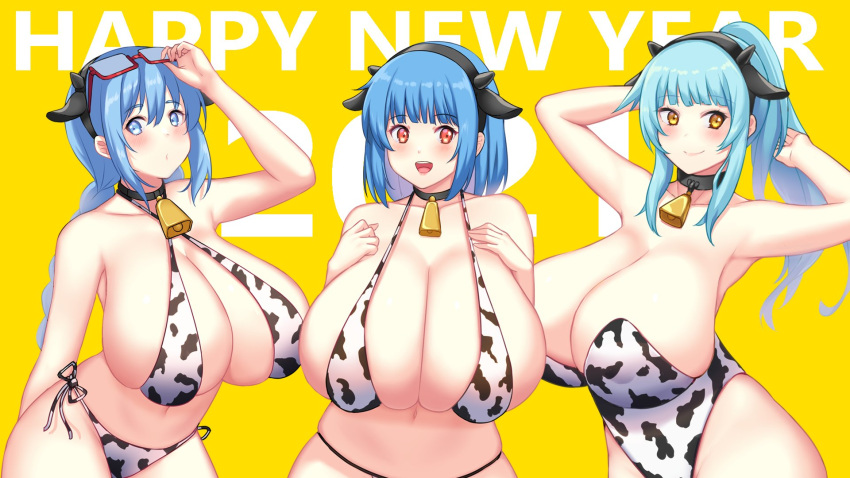 2021 3girls bikini bikini_top blue_eyes blue_hair blush breast cow_bikini cow_ears cow_girl cow_print cowbell female huge_breasts inchou_(kaitsuart) kaitofuuma large_breasts multiple_girls ran_(kaitofuuma) rina_atherina_(errorkazoo) swimsuit top_heavy voluptuous year_of_the_ox